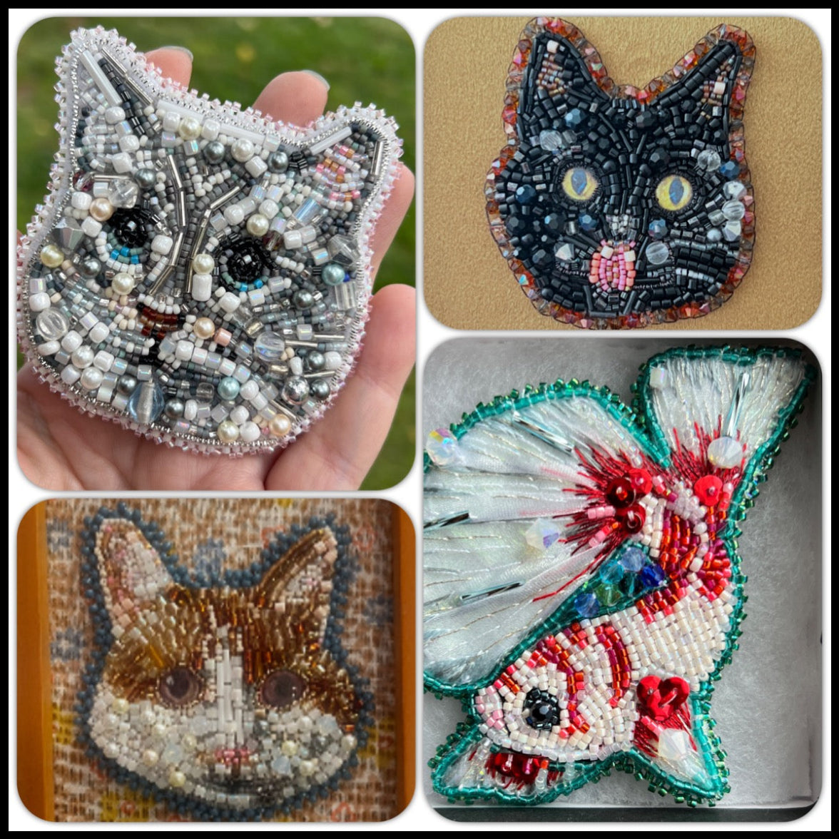 Collage of four beaded animal face designs in different styles.